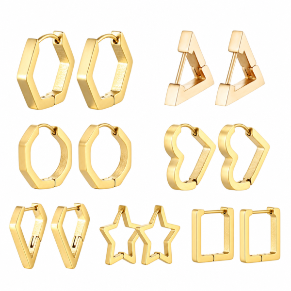 Gold Geometric Hoop Earrings Stainless Steel Chunky Huggie Heart Triangle Star Rhombus