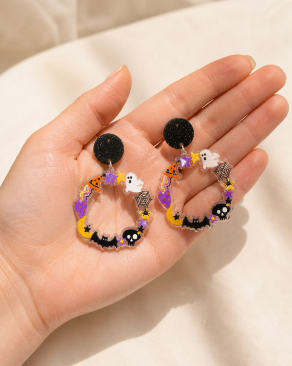 halloween-wreath-3 Halloween Drop Earrings Spooky Skull Bat Ghost Acrylic Dangle For Women Party Gothic