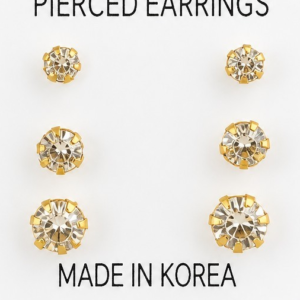 3 Pair Crystal Rhinestone Stud Earrings Set Gold Tone Fashion