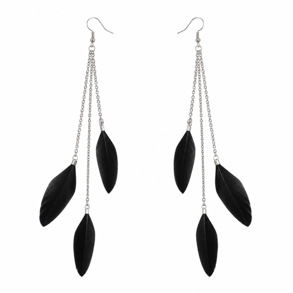 Black Feather Drop Dangle Earrings Boho Festival Statement Gothic Tassel Gift