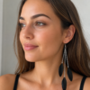 Black Feather Drop Dangle Earrings Boho Festival Statement Gothic Tassel Gift