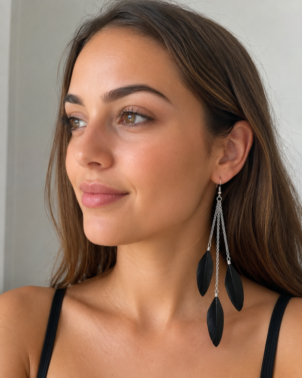 Black Feather Drop Dangle Earrings Boho Festival Statement Gothic Tassel Gift
