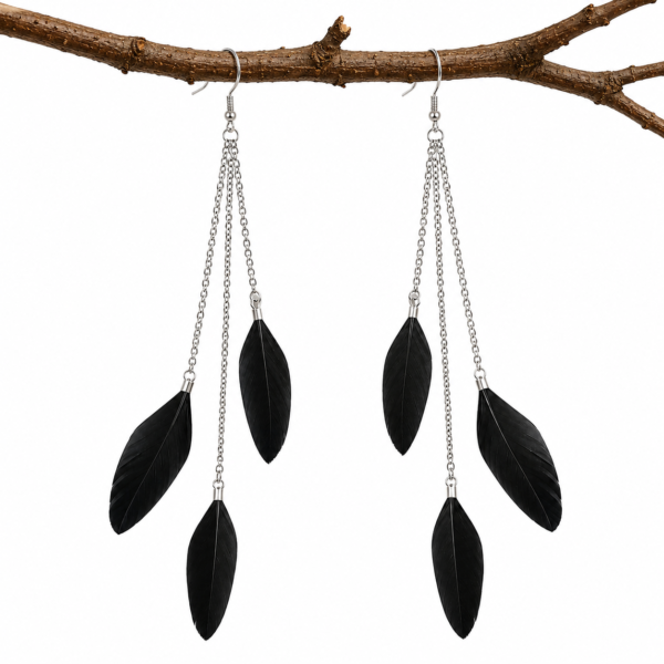 Black Feather Drop Dangle Earrings Boho Festival Statement Gothic Tassel Gift