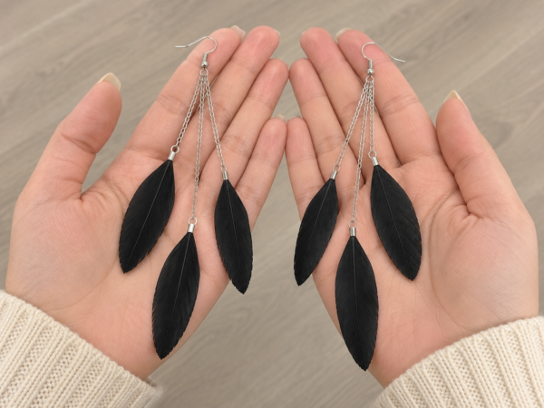Black Feather Drop Dangle Earrings Boho Festival Statement Gothic Tassel Gift