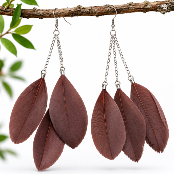 Large Brown Feather Drop Dangle Earrings Boho Festival Statement Gothic Tassel