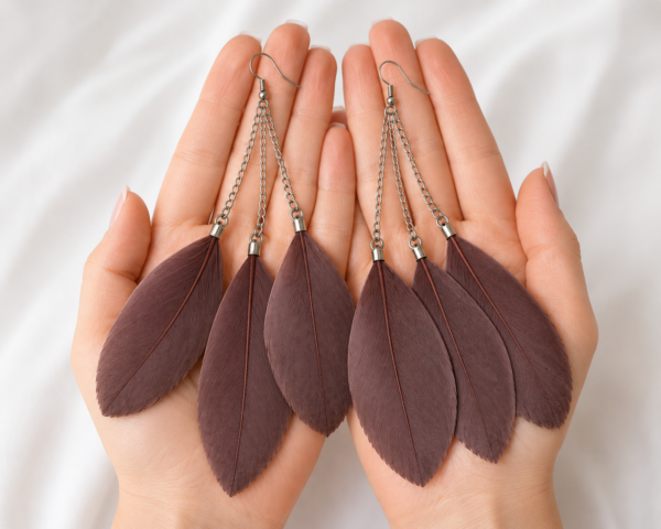 Large Brown Feather Drop Dangle Earrings Boho Festival Statement Gothic Tassel