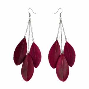 Burgundy Feather Drop Dangle Earrings Boho Statement Festival Gift For Her