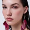 Burgundy Feather Drop Dangle Earrings Boho Statement Festival Gift For Her