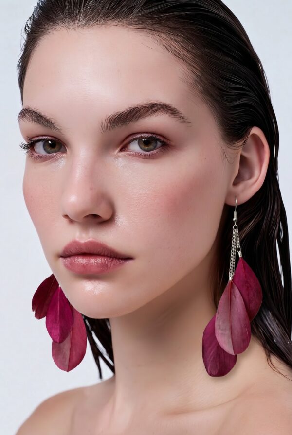 Burgundy Feather Drop Dangle Earrings Boho Statement Festival Gift For Her