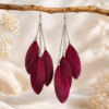 Burgundy Feather Drop Dangle Earrings Boho Statement Festival Gift For Her