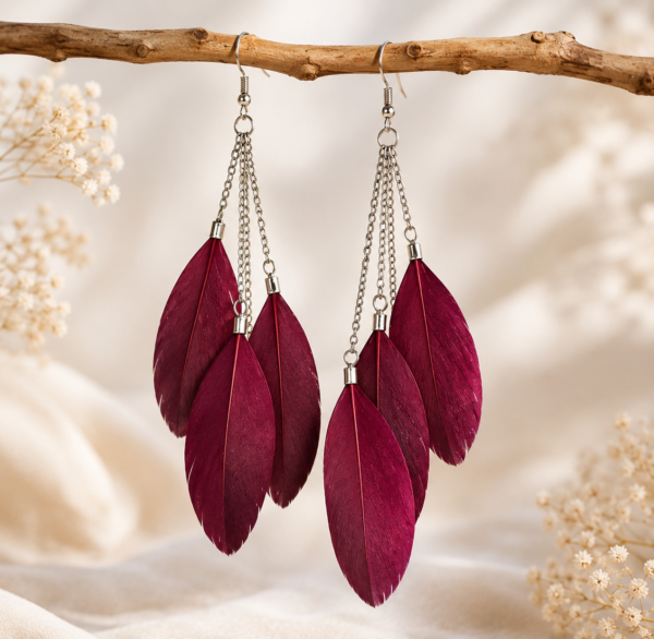 Burgundy Feather Drop Dangle Earrings Boho Statement Festival Gift For Her