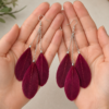 Burgundy Feather Drop Dangle Earrings Boho Statement Festival Gift For Her
