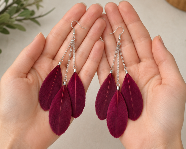 Burgundy Feather Drop Dangle Earrings Boho Statement Festival Gift For Her