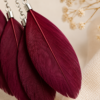Burgundy Feather Drop Dangle Earrings Boho Statement Festival Gift For Her