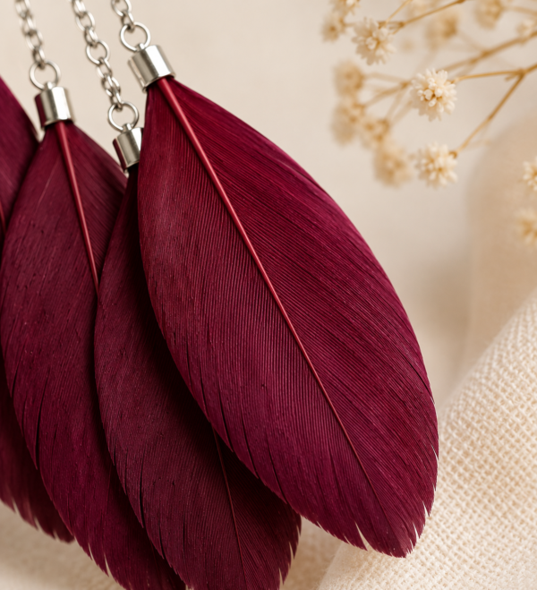 Burgundy Feather Drop Dangle Earrings Boho Statement Festival Gift For Her