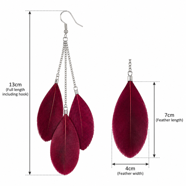 Burgundy Feather Drop Dangle Earrings Boho Statement Festival Gift For Her