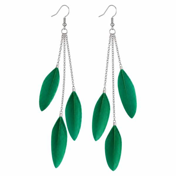 Green Feather Long Drop Earrings Boho Statement Festival Dangle Ladies Gift