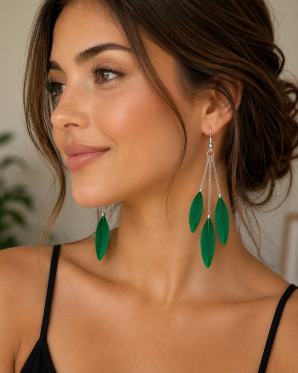 Green Feather Long Drop Earrings Boho Statement Festival Dangle Ladies Gift