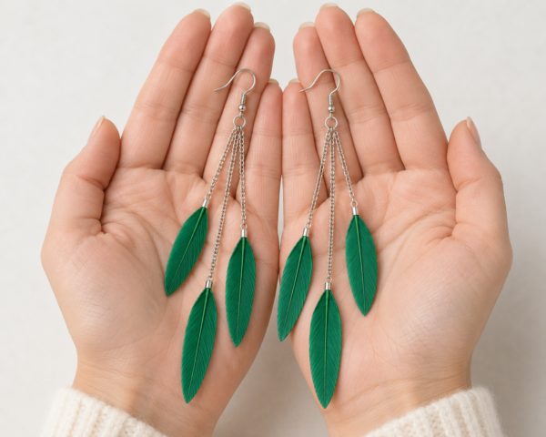 Green Feather Long Drop Earrings Boho Statement Festival Dangle Ladies Gift