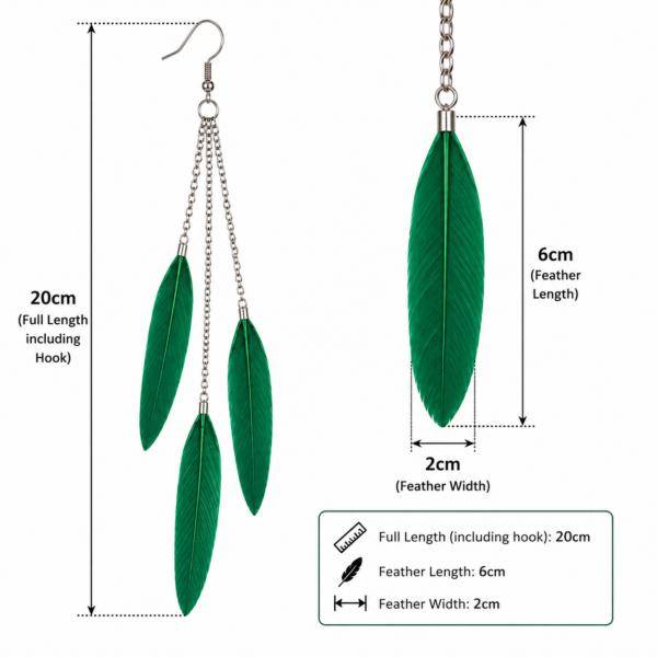 Green Feather Long Drop Earrings Boho Statement Festival Dangle Ladies Gift