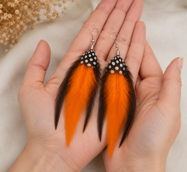 Orange Black Feather Drop Dangle Earrings Boho Festival Statement Gothic Gift