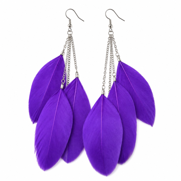 Purple Feather Drop Dangle Earrings Boho Statement Festival Gift For Her