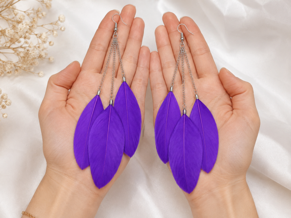 Purple Feather Drop Dangle Earrings Boho Statement Festival Gift For Her