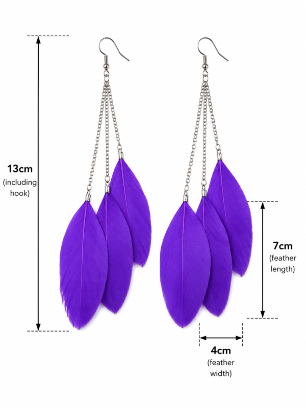 Purple Feather Drop Dangle Earrings Boho Statement Festival Gift For Her