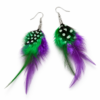 Purple Green Feather Drop Earrings Boho Festival Statement Dangle Ladies Gift