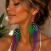 Purple Green Feather Drop Earrings Boho Festival Statement Dangle Ladies Gift