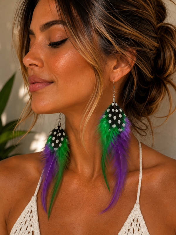 Purple Green Feather Drop Earrings Boho Festival Statement Dangle Ladies Gift