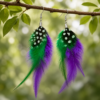 Purple Green Feather Drop Earrings Boho Festival Statement Dangle Ladies Gift