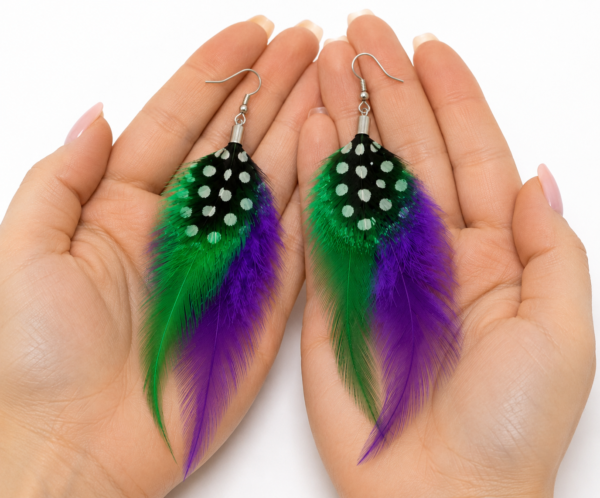 Purple Green Feather Drop Earrings Boho Festival Statement Dangle Ladies Gift