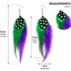 Purple Green Feather Drop Earrings Boho Festival Statement Dangle Ladies Gift
