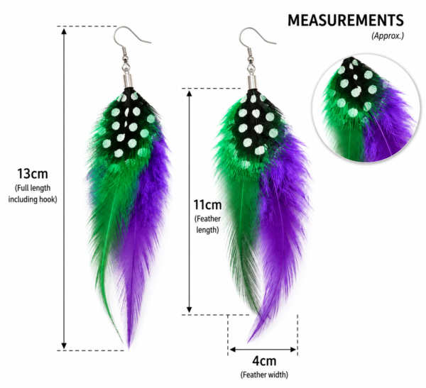 Purple Green Feather Drop Earrings Boho Festival Statement Dangle Ladies Gift