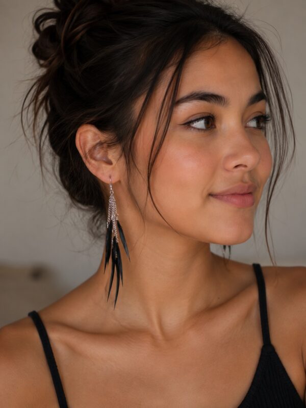Black Feather Drop Earrings Boho Statement Festival Long Dangle Ladies Gift