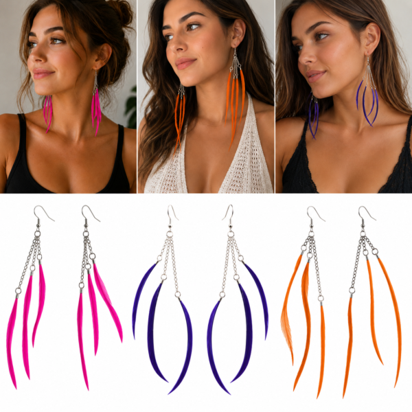Boho Long Feather Drop Earrings Lightweight Dangle Festival Party Colour Choice