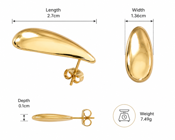 Gold Teardrop Stud Earrings Chunky Statement Minimalist Womens Gift