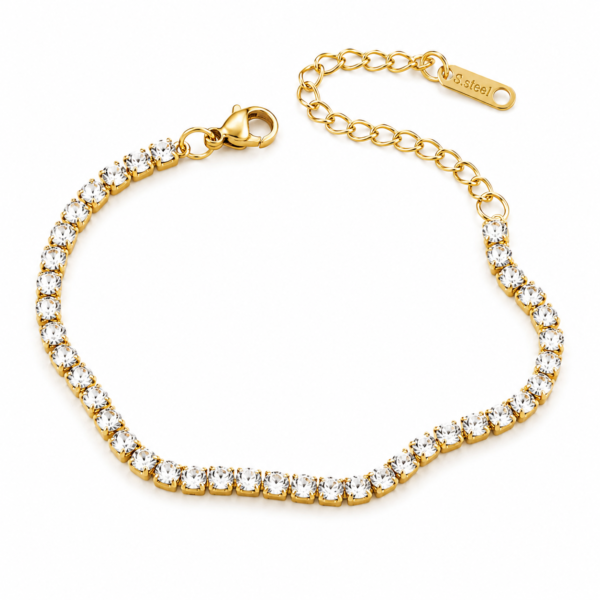 Gold Tennis Bracelet 3mm Cubic Zirconia Stainless Steel Adjustable Ladies Gift