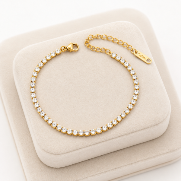 Gold Tennis Bracelet 3mm Cubic Zirconia Stainless Steel Adjustable Ladies Gift