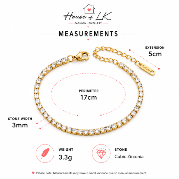 Gold Tennis Bracelet 3mm Cubic Zirconia Stainless Steel Adjustable Ladies Gift