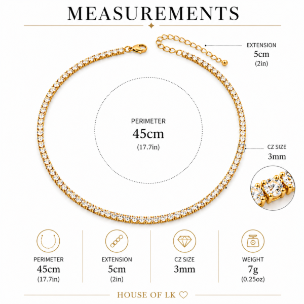 Gold Tennis Necklace 3mm CZ Crystal Stainless Steel Chain Choker Gift