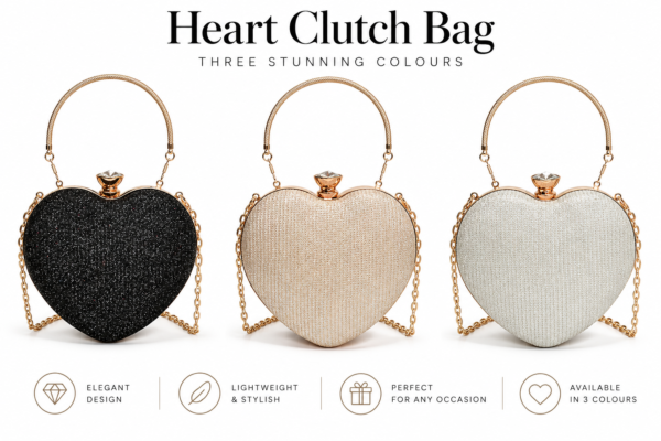 Women’s Heart-Shaped Rhinestone Evening Clutch Bag – Elegant Sequin Party Handbag with Gold Chain